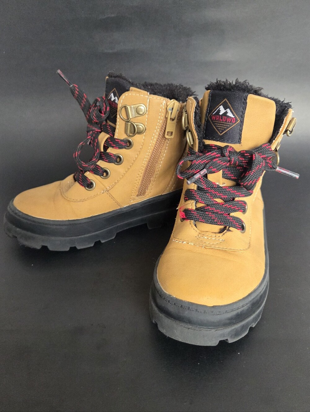 H&M Tan Lace-Up Faux Fur Ankle Boots with Black Soles - Size 8 Toddler